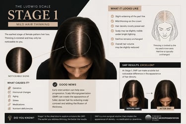 An educational guide on Stage 1 female pattern hair loss showing mild hair thinning on the crown and SMP treatment results.