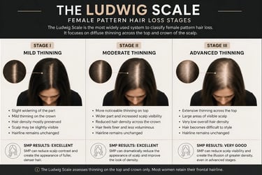 The Ludwig Scale chart showing three stages of female pattern hair loss from mild to advanced thinning.