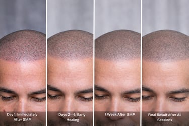 Scalp micropigmentation healing timeline showing day 1 after treatment, days 2–4 early healing, one