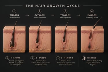 Diagram of the four stages of the hair growth cycle: anagen, catagen, telogen, and exogen shedding phase.