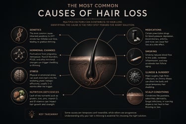 An infographic detailing common causes of hair loss including genetics, stress, and nutrition deficiencies.