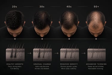 Infographic showing the stages of male pattern baldness and hair follicle thinning from ages 20 to 50.