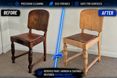 Before and after comparison of laser paint and varnish stripping on a wooden chair.
