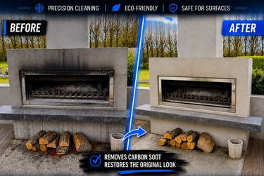 Before and after laser cleaning results showing soot removal from a modern outdoor stone fireplace.