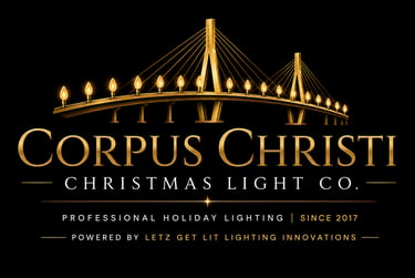 Gold logo for Corpus Christi Christmas Light Co. featuring a lighted bridge for professional holiday lighting.