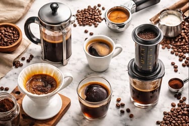 Café brasileiro preparado em quatro métodos: prensa francesa, expresso, V60 e aeropress