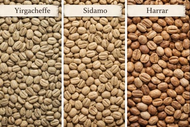 Comparação visual lado a lado dos grãos de café de três regiões (Yirgacheffe, Sidamo, Harrar)