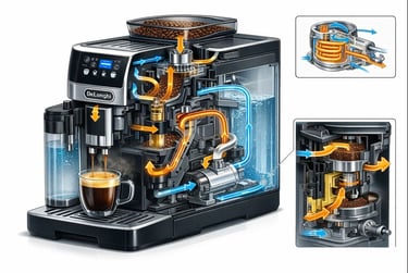 Diagrama técnico explicativo do funcionamento interno de uma máquina De'Longhi automática