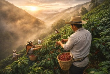 Fotografia de trabalhadores colhendo café manualmente em encosta montanhosa