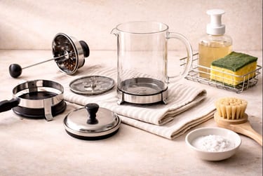 Limpeza da prensa francesa com componentes desmontados e esponja