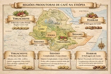 Mapa das principais regiões produtoras de café na Etiópia, incluindo Yirgacheffe, Sidamo, Harrar.