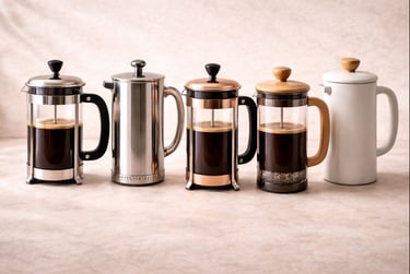 Modelos variados de prensa francesa em vidro, aço inoxidável e cerâmica