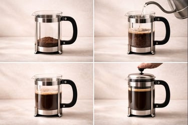 Passo a passo visual da preparação de café em prensa francesa do início ao fim