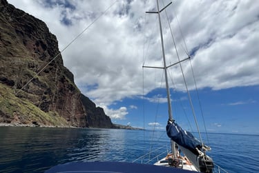 Costal Sailing boat at cabo Girao Cliff, Madeira