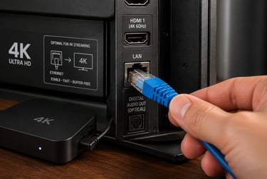 A hand plugging a blue Ethernet cable into a 4K Ultra HD TV LAN port for a stable internet connection.