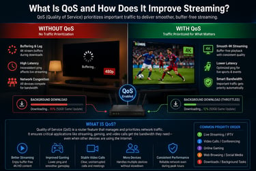 Infographic explaining how QoS improves 4K streaming by prioritizing network traffic and reducing buffering.