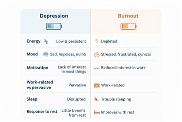 Comparison chart showing differences between depression and burnout symptoms like energy, mood, and sleep.