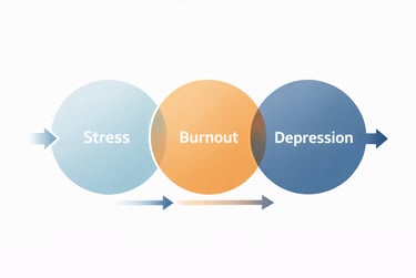 Diagram showing the progression of mental health from stress to burnout and depression using overlapping circles.