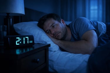A man suffering from insomnia lying awake in bed at 2:17 AM looking at a digital alarm clock.