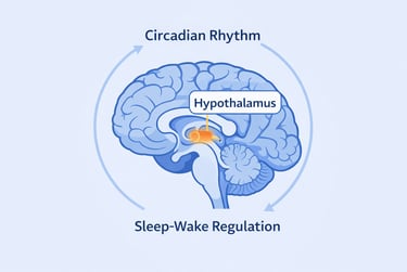 Diagram of the human brain hypothalamus showing its role in circadian rhythm and sleep-wake regulation.