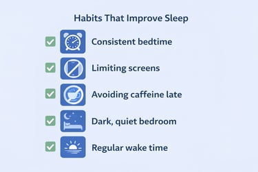 Infographic listing healthy habits that improve sleep, including consistent bedtime and limiting screen time.