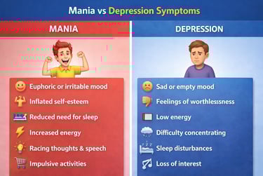 Comparison chart of bipolar disorder mania vs depression symptoms with descriptive icons.