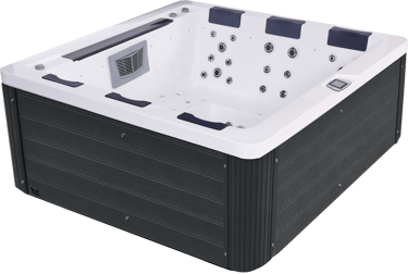 a hot tub with a white tub and black accents