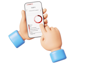 une main 3D tenant un iPhone présentant un outil de gestion des finances personnelles