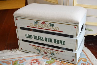 a drink storage wooden box with a God bless our home