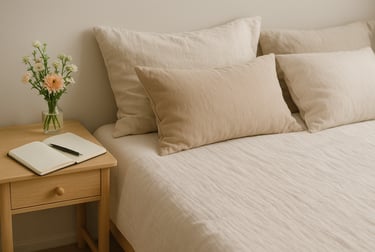 Cozy recovery space: a bed with soft pillows, a notebook and pen on a nightstand, and a small vase.