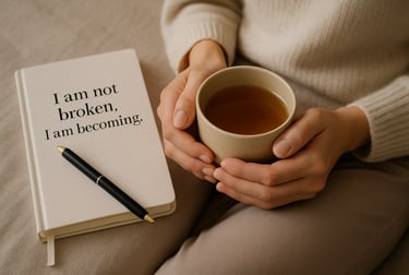 Hands holding a warm cup of tea, with a journal nearby. Tenderness and self-soothing