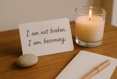 A hand-written note on a bedside table “I am not broken. I am becoming.” next to a candle.