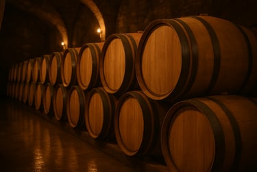 Oak barrels in a wine cellar