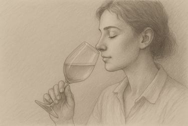 A sketch of a woman smelling a glass of wine, eyes closed, lost in thought – sensory, reflective