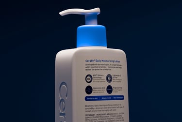 A rear corner view of our 3D model of CeraVe lotion that shows the detail of the texturing work