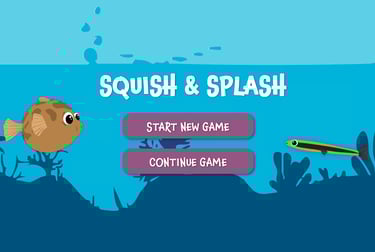 cover image for squish and splash, blue ocean themed background, cartoon fish