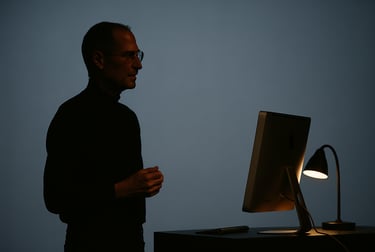 Steve Jobs silhouette onstage or his famous desk with the single lamp