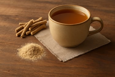 Cup of ashwagandha tea with dried root and powder on a wooden table.
