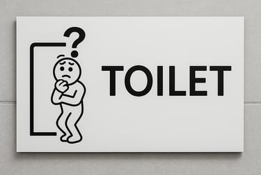 a modern restroom sign that says “Toilet” and a confused figure of a person