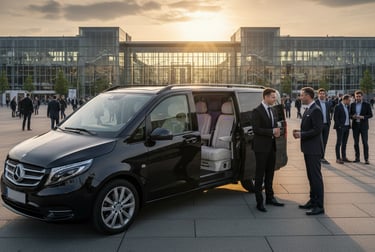 Exklusiver VIP-Shuttleservice Berlin: Schwarzer Mercedes Vito mit gehobener Ausstattung vor Messe.