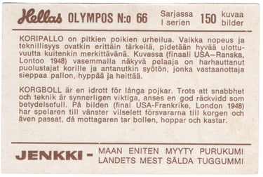 1965 Jenkki Gum Hallas Olympus #66 Team USA Basketball 1948 Card from Sweden (back)