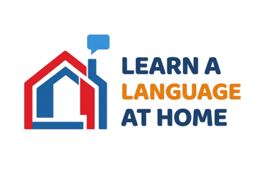 Learn a Language at Home logo featuring a red and blue house icon with a speech bubble.