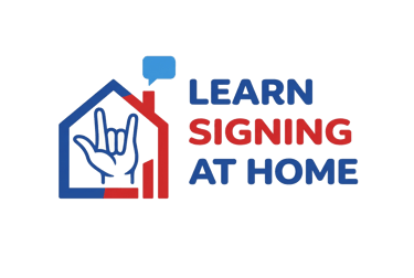 Learn Signing at Home logo featuring an ASL I Love You hand sign inside a house outline.