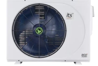 White ITS Eco Inverter heat pump outdoor unit featuring an energy-efficient fan system.