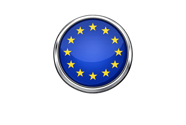 Glossy European Union flag button with a metallic border centered on a solid black background.