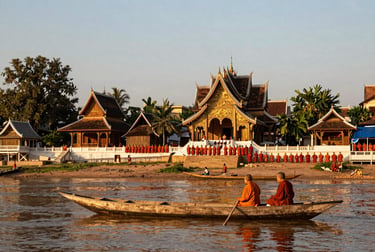 Wide environmental shot of Luang Prabang at golden hour, a wooden pirogue on the Mekong in the foreground, monks' robes drying on a riverside wall, low warm light across the water, human scale