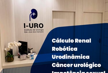 Recepção do I-URO Instituto de Urologia São José dos Campos destacando serviços de cálculo renal e robótica.