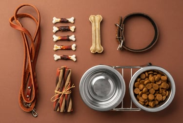 general dog supplies, leash, collar, treats, dog bowls, dog toys