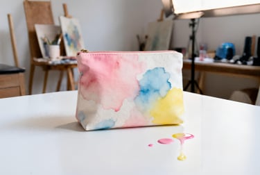 A close-up of a canvas cosmetic pouch with an Aquarelle watercolor effect, in an artist's studio.