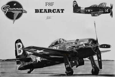 Dessin réaliste en noir et blanc du F8F Bearcat